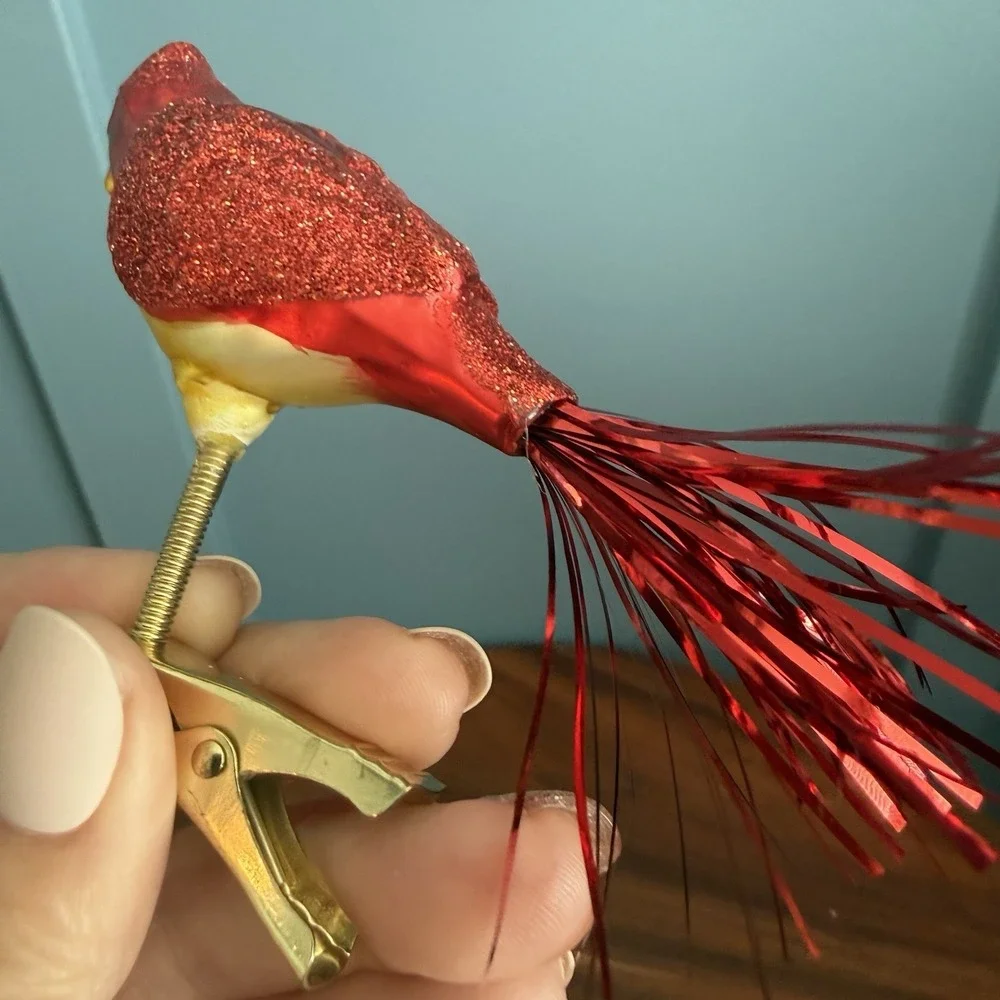 Vintage Glass Clip On Bird Ornaments 2 Cardinal Tinsel Tail Glitter German F/W